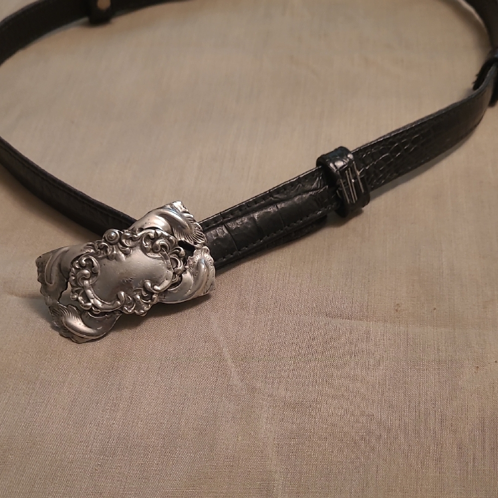Black Leather Belt with Silver Buckle Adjustbuble New Listing!
